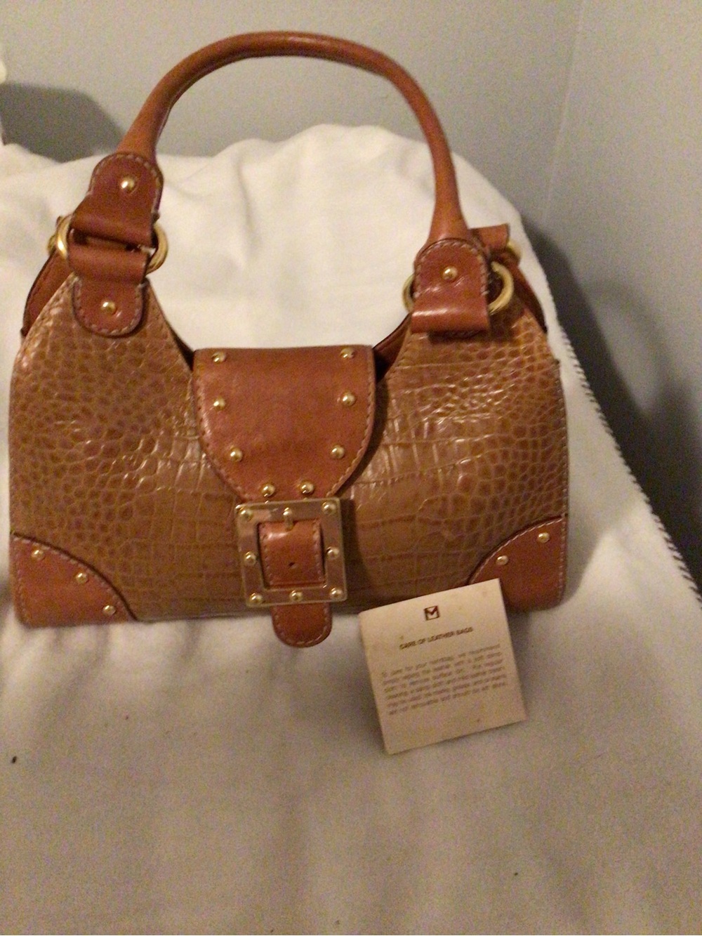MICHAEL Michael Kors Tan Croc-Embossed Shoulder Satchel with Gold Hardware
